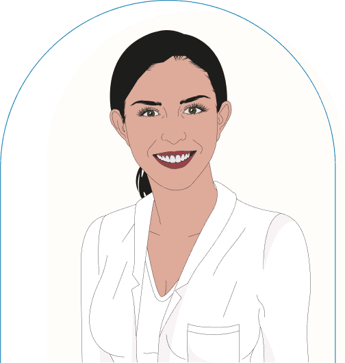 Gezeichnetes Portrait von Dr. Tina Mandel im weißen Kittel