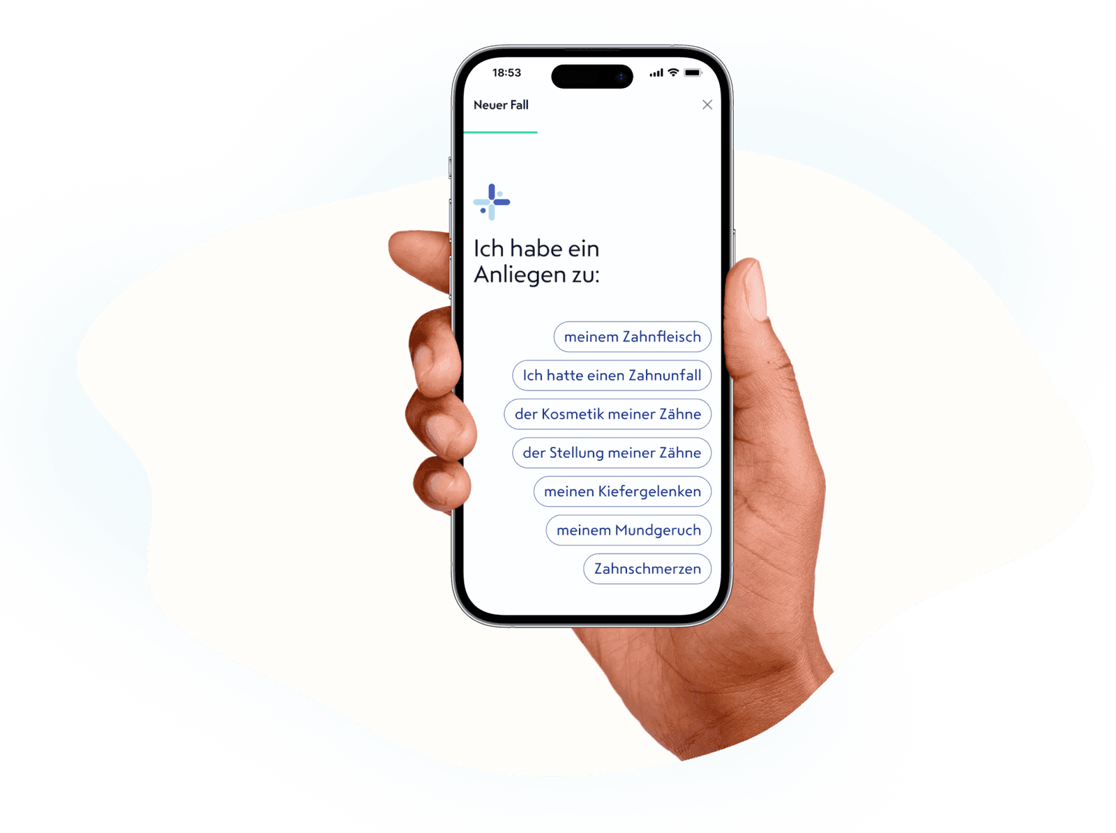 Eine Hand hält ein Smartphone; die App fragt, worum es geht — von Zahnschmerzen über abgebrochene Zähne bis zur Stellung der Zähne