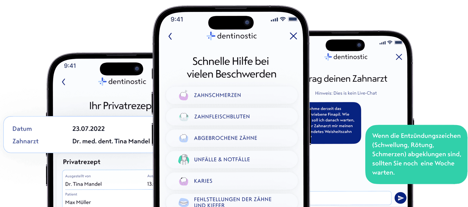Drei Smartphones mit der App dentinostic: Privatrezept, Auswahl der Beschwerden und der Chat mit einem Zahnarzt
